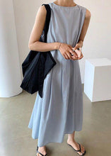 Load image into Gallery viewer, Women Blue Wrinkled Button Patchwork Wear On Both Sides Cotton Dresses Sleeveless