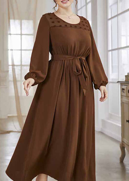 Women Brown O-Neck Tulle Patchwork Tie Waist Solid Chiffon Long Dresses Fall