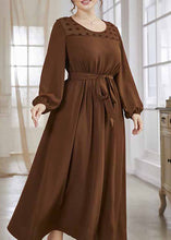 Load image into Gallery viewer, Women Brown O-Neck Tulle Patchwork Tie Waist Solid Chiffon Long Dresses Fall