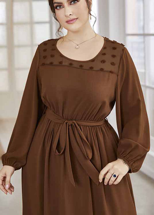 Women Brown O-Neck Tulle Patchwork Tie Waist Solid Chiffon Long Dresses Fall