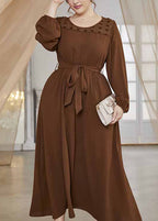 Women Brown O-Neck Tulle Patchwork Tie Waist Solid Chiffon Long Dresses Fall
