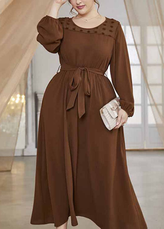 Women Brown O-Neck Tulle Patchwork Tie Waist Solid Chiffon Long Dresses Fall