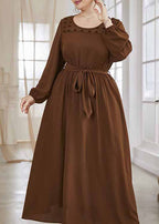Women Brown O-Neck Tulle Patchwork Tie Waist Solid Chiffon Long Dresses Fall
