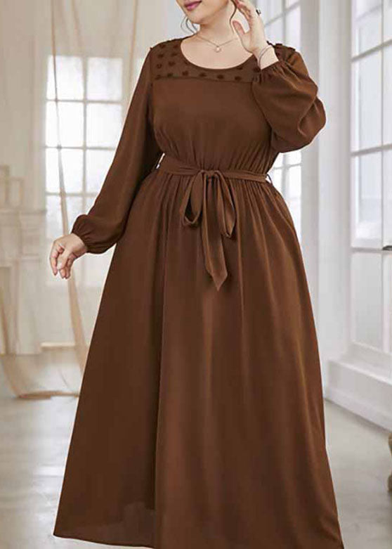 Women Brown O-Neck Tulle Patchwork Tie Waist Solid Chiffon Long Dresses Fall