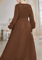 Women Brown O-Neck Tulle Patchwork Tie Waist Solid Chiffon Long Dresses Fall