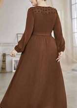 Load image into Gallery viewer, Women Brown O-Neck Tulle Patchwork Tie Waist Solid Chiffon Long Dresses Fall