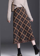 Load image into Gallery viewer, Women Brown Tasseled Plaid Knit Skirts Winter