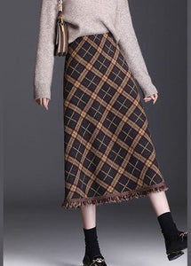 Women Brown Tasseled Plaid Knit Skirts Winter