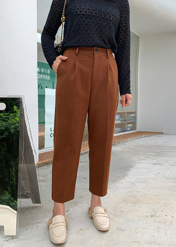 Women Caramel Slim Fit Pockets Woolen Pants Fall