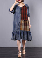 Women Cotton Tunics Indian Vintage Plaid Spliced Denim A-Line Dress