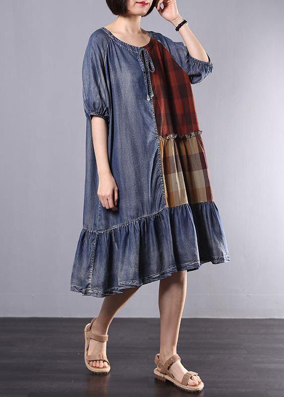 Women Cotton Tunics Indian Vintage Plaid Spliced Denim A-Line Dress