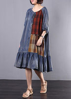Women Cotton Tunics Indian Vintage Plaid Spliced Denim A-Line Dress