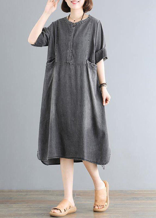 Women Cotton Wardrobes 18th Century Vintage Pure Color Loose Denim Midi Dress