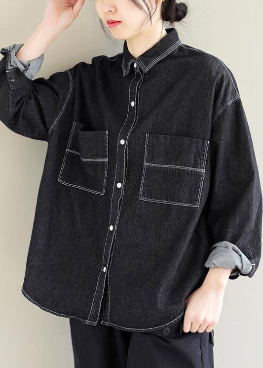 Women Denim Black Top Silhouette Lapel Pockets Vestidos De Lino Spring Shirts
