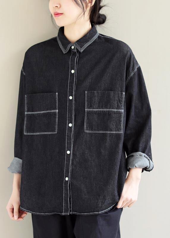 Women Denim Black Top Silhouette Lapel Pockets Vestidos De Lino Spring Shirts