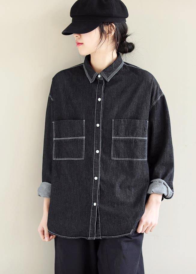 Women Denim Black Top Silhouette Lapel Pockets Vestidos De Lino Spring Shirts