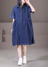 Load image into Gallery viewer, Women Denim Blue Peter Pan Collar Wrinkled Pockets Cotton Robe Dresses Short Sleeve