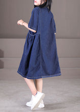 Load image into Gallery viewer, Women Denim Blue Peter Pan Collar Wrinkled Pockets Cotton Robe Dresses Short Sleeve