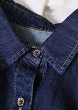 Load image into Gallery viewer, Women Denim Blue Peter Pan Collar Wrinkled Pockets Cotton Robe Dresses Short Sleeve