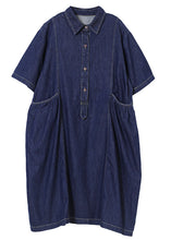 Load image into Gallery viewer, Women Denim Blue Peter Pan Collar Wrinkled Pockets Cotton Robe Dresses Short Sleeve