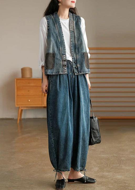 Women Denim Drawstring Pocket Wide Leg Jeans