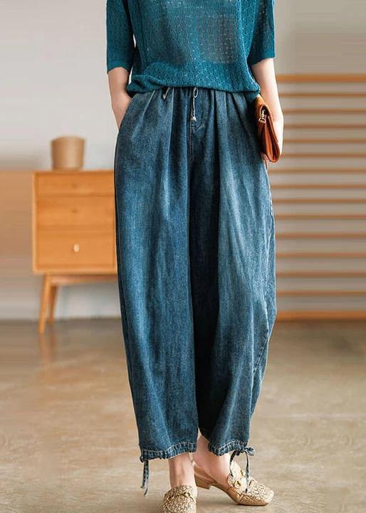 Women Denim Drawstring Pocket Wide Leg Jeans