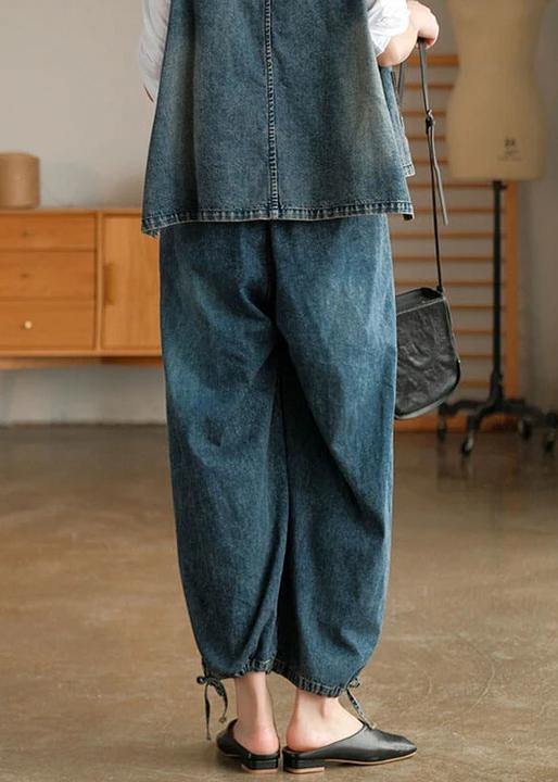 Women Denim Drawstring Pocket Wide Leg Jeans