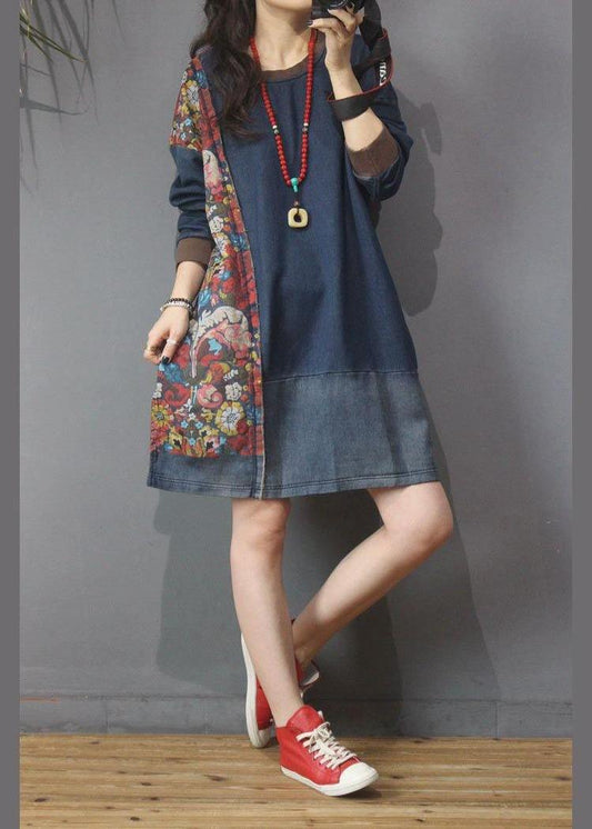 Women Denim Patchwork Cotton Dress Print Summer Long Dress