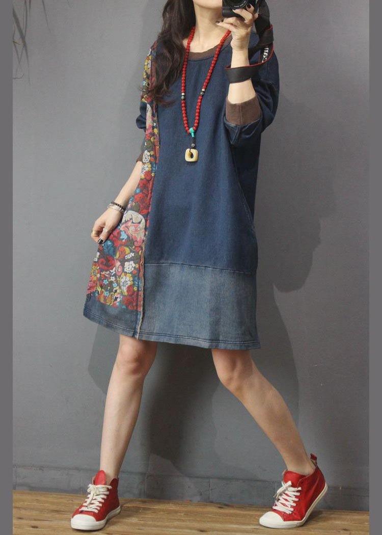 Women Denim Patchwork Cotton Dress Print Summer Long Dress