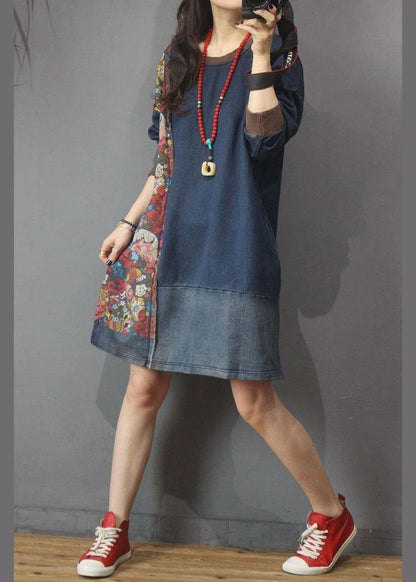 Women Denim Patchwork Cotton Dress Print Summer Long Dress