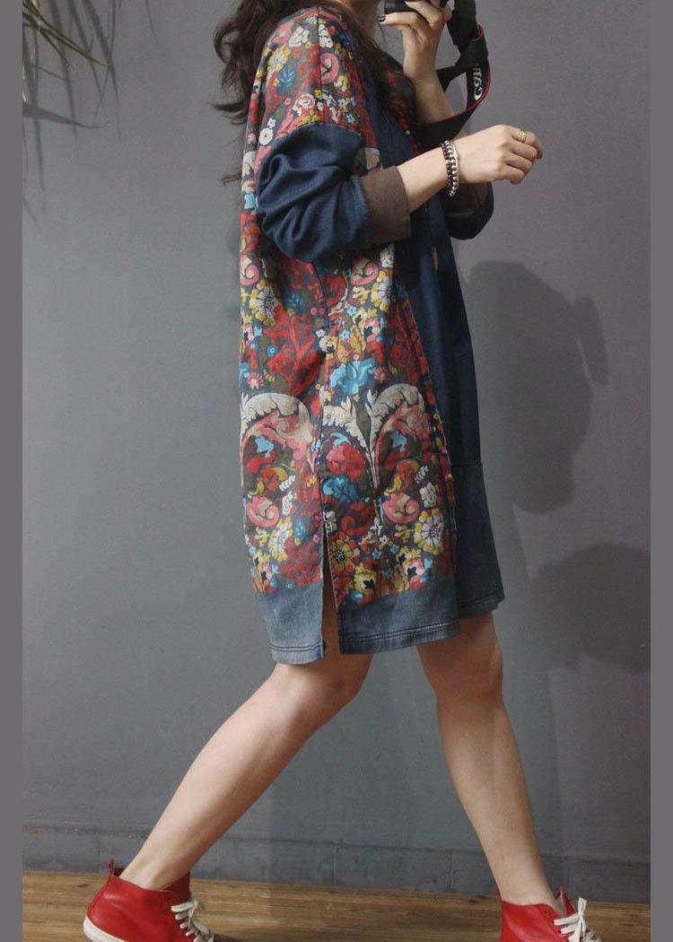 Women Denim Patchwork Cotton Dress Print Summer Long Dress