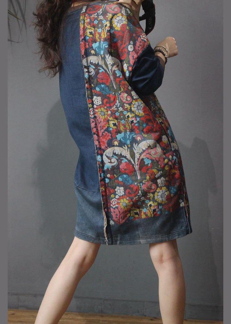 Women Denim Patchwork Cotton Dress Print Summer Long Dress