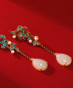 Women Gold Sterling Silver Jade Pearl Agate Floral Tassel Drop Earrings