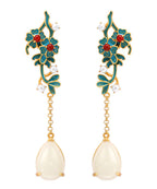 Women Gold Sterling Silver Jade Pearl Agate Floral Tassel Drop Earrings
