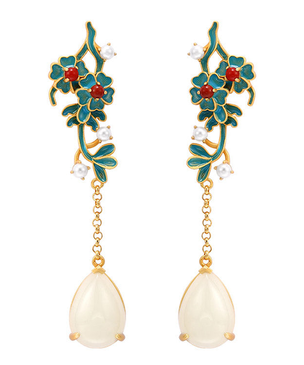 Women Gold Sterling Silver Jade Pearl Agate Floral Tassel Drop Earrings