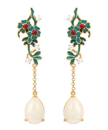 Women Gold Sterling Silver Jade Pearl Agate Floral Tassel Drop Earrings