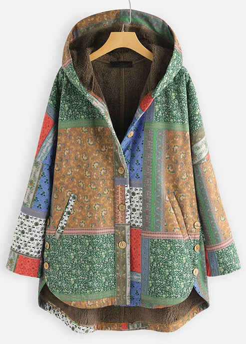 Women Green Hooded Print Low High Design Patchwork Warm Fleece Coat Fall