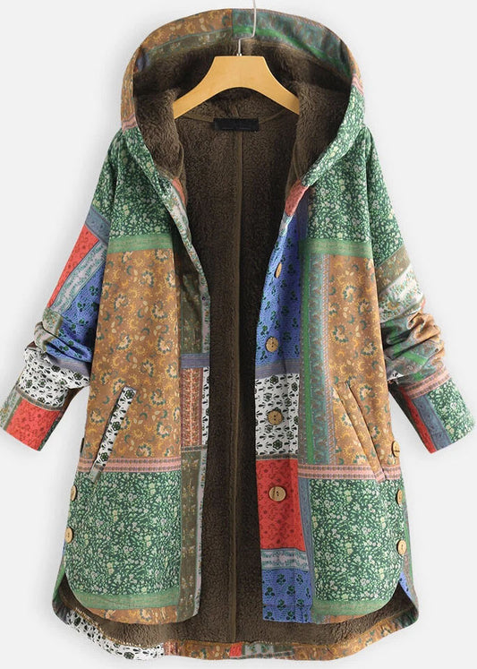 Women Green Hooded Print Low High Design Patchwork Warm Fleece Coat Fall
