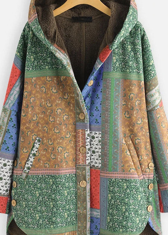 Women Green Hooded Print Low High Design Patchwork Warm Fleece Coat Fall