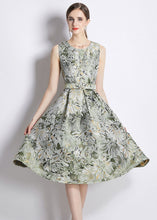 Load image into Gallery viewer, Women Green Jacquard Wrinkled Tie Waist Patchwork Cotton Mid Dress Sleeveless