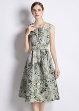 Load image into Gallery viewer, Women Green Jacquard Wrinkled Tie Waist Patchwork Cotton Mid Dress Sleeveless