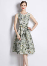 Load image into Gallery viewer, Women Green Jacquard Wrinkled Tie Waist Patchwork Cotton Mid Dress Sleeveless