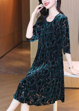 Load image into Gallery viewer, Women Green O-Neck Oversized Print Silk Velour Party Dress Half Sleeve