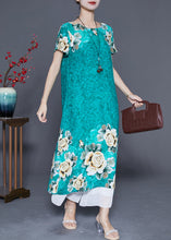 Load image into Gallery viewer, Women Green O-Neck Print Cotton Robe Dresses Summer