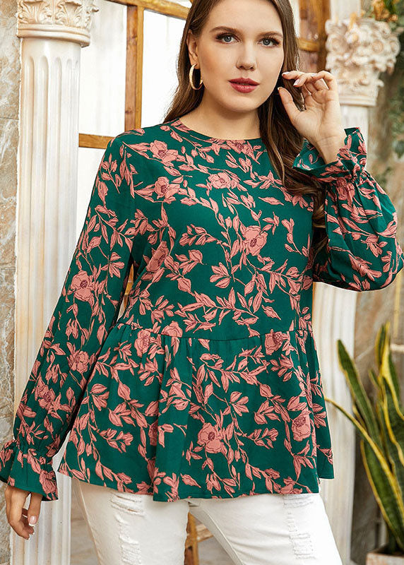 Women Green O-Neck Ruffled Print Patchwork Cotton Tops Fall