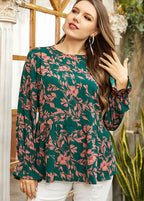 Women Green O-Neck Ruffled Print Patchwork Cotton Tops Fall