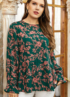 Women Green O-Neck Ruffled Print Patchwork Cotton Tops Fall