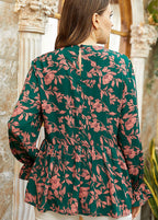 Women Green O-Neck Ruffled Print Patchwork Cotton Tops Fall