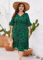 Women Green Ruffled Print Patchwork Cotton Dress Summer