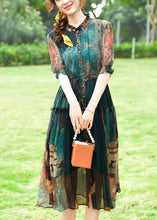 Load image into Gallery viewer, Women Green Ruffled Print Silk Cinched Dresses Summer